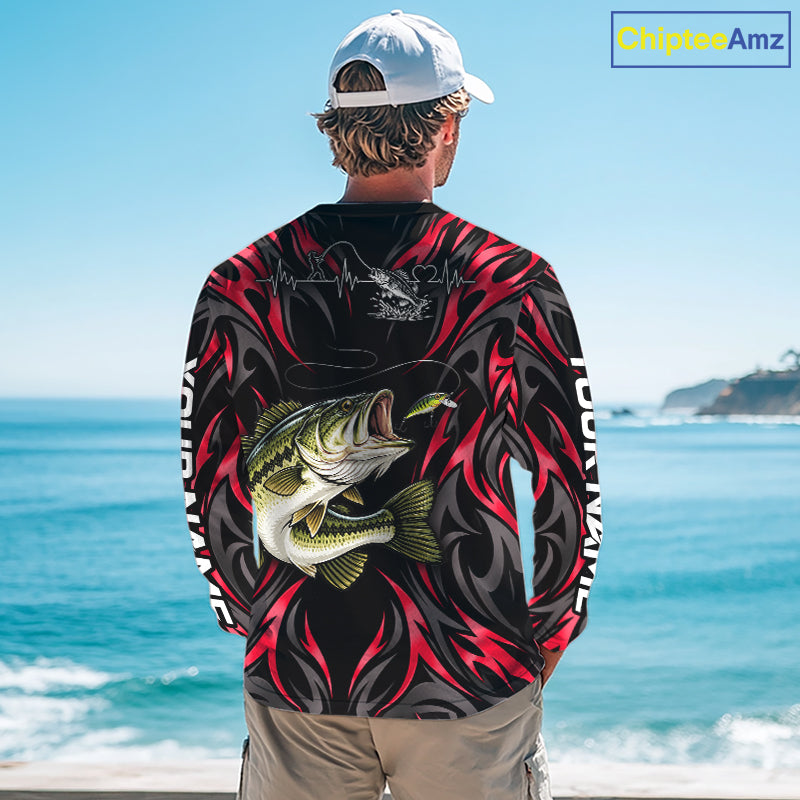 Red Neon Bass Fish Fishing Shirt Custom Outdoor Sports Angler Long Sleeve Performance Jersey NHT1741