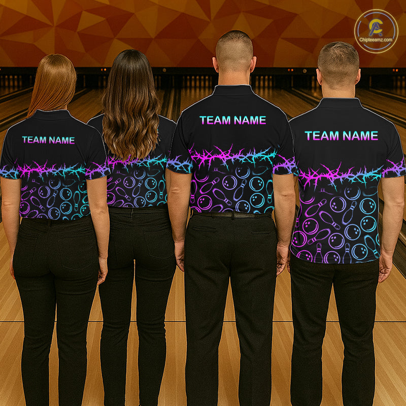 Personalized Bowling Shirt Black Cyan Purple Bowling Ball Team Polo For Men NHT1270