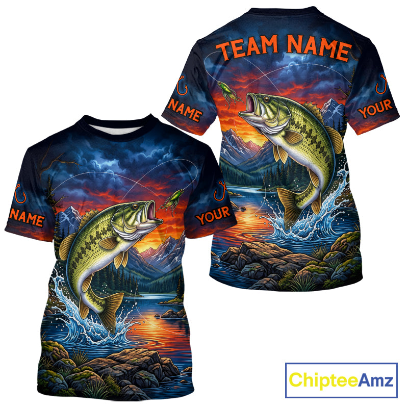 Personalized Largemouth Bass Fishing Shirt Short Sleeve, Mountain River Fishing Jersey, Custom Team Shirt NHT1580