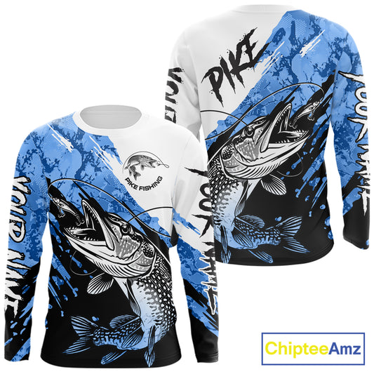 Personalized Blue Northern Pike Fishing Jersey, Team Pike Fishing Long Sleeve Tournament Shirt NHT818