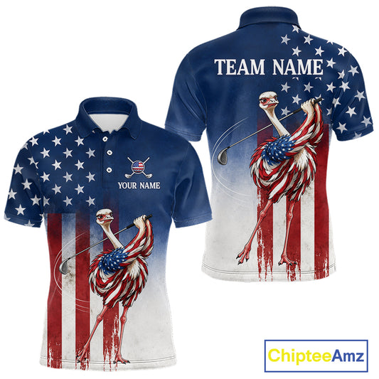 Custom American Flag Ostrich Mens Golf Polo Shirt – Funny Patriotic Golf Team Shirt Personalized Gift