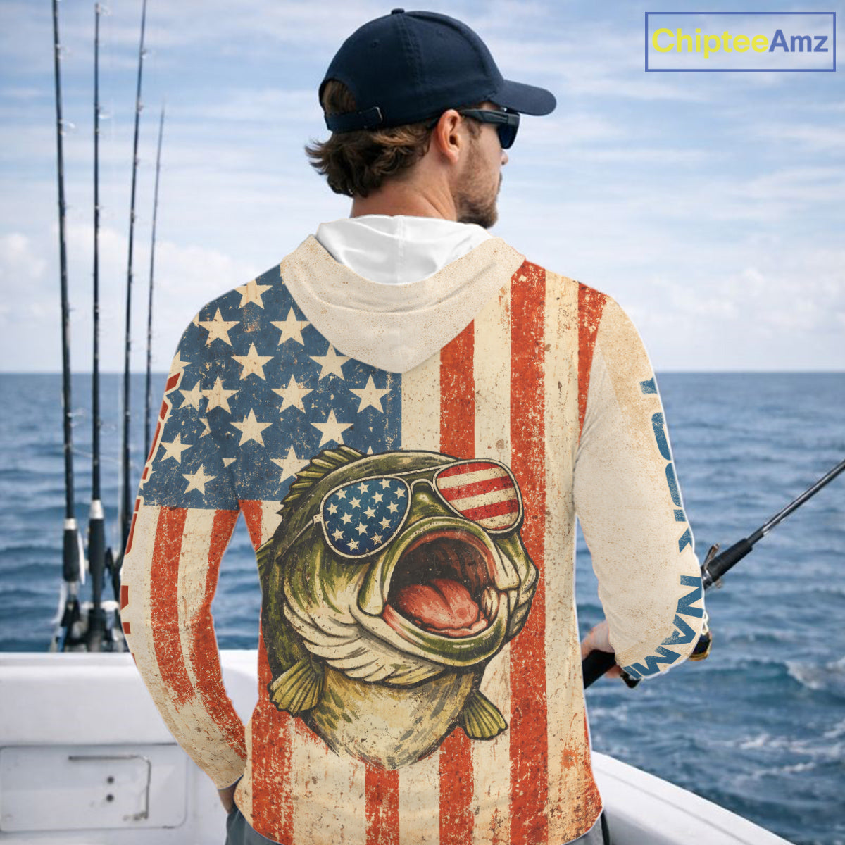 Custom Vintage Bass Funny Hooded Long Sleeve Fishing Shirt For Men, Bass Patriotic Fishing Shirt NHT601