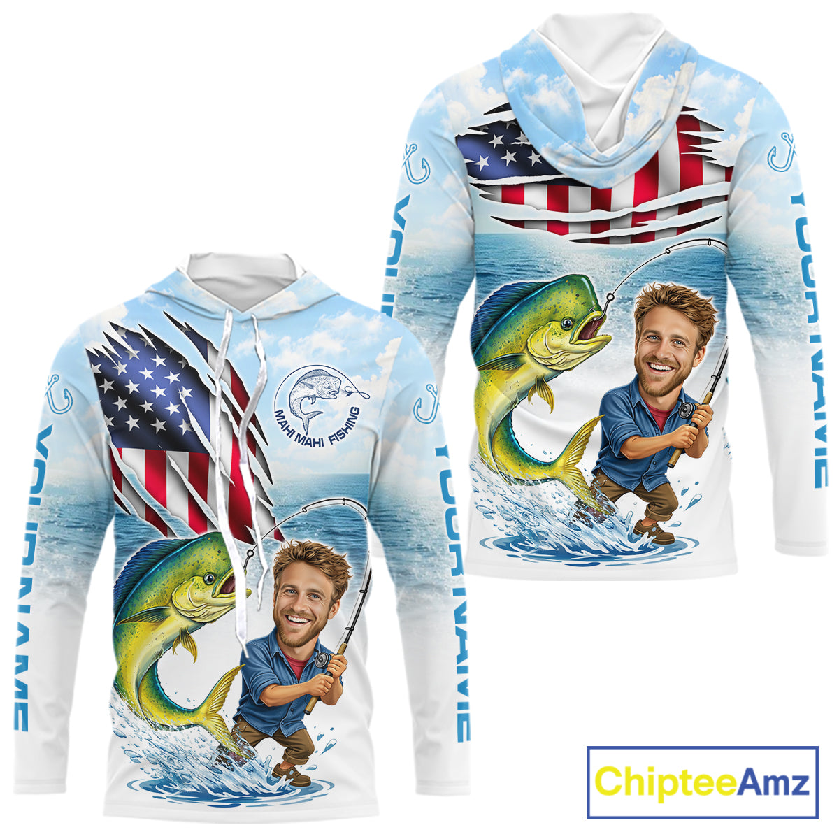 Personalized Mahi Mahi Fishing Shirts Long Sleeve Hooded Custom Face Mahi Mahi Fishing Patriot Shirt NHT606