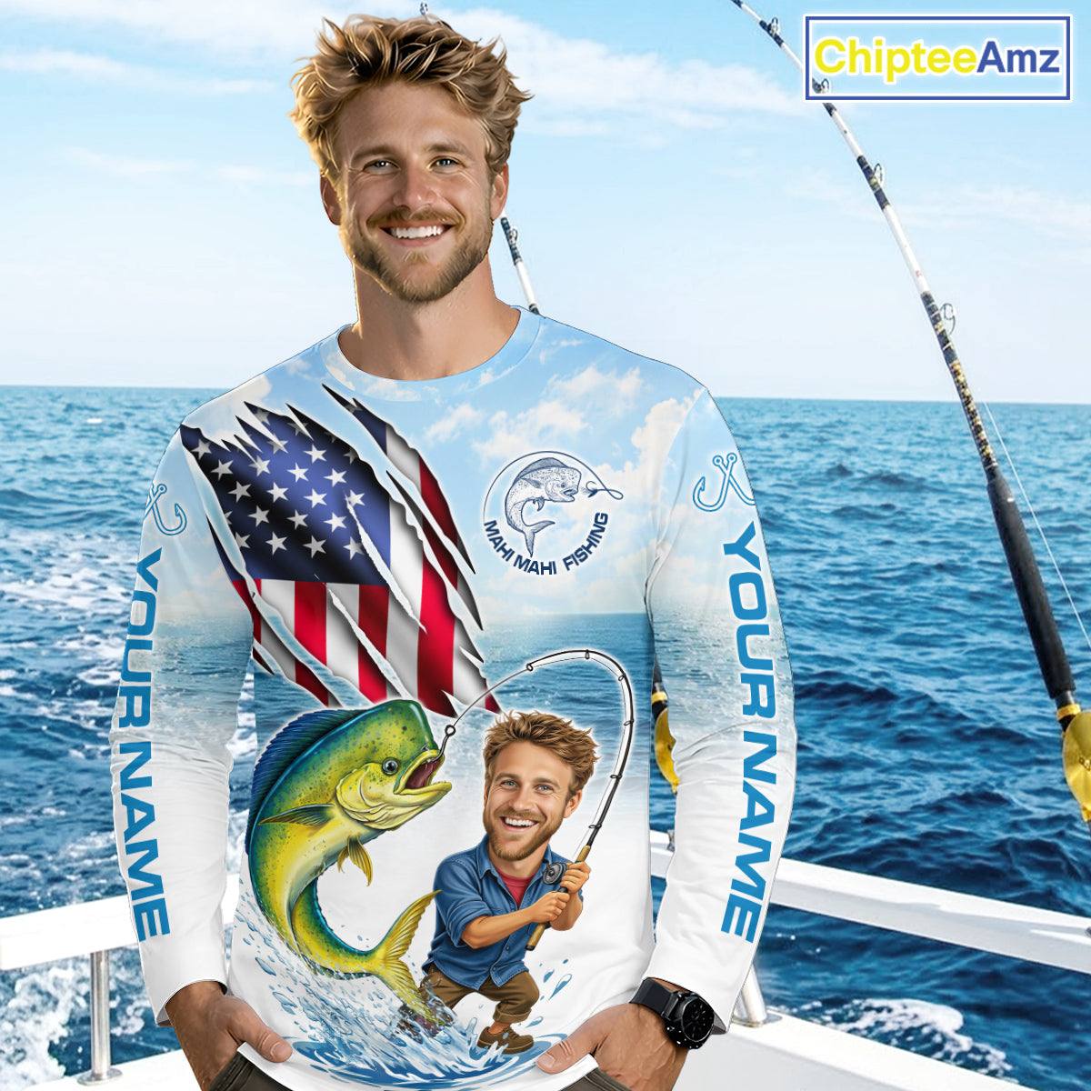 Personalized Mahi Mahi Fishing Shirts Long Sleeve Custom Face Mahi Mahi Fishing Patriot Shirt NHT606