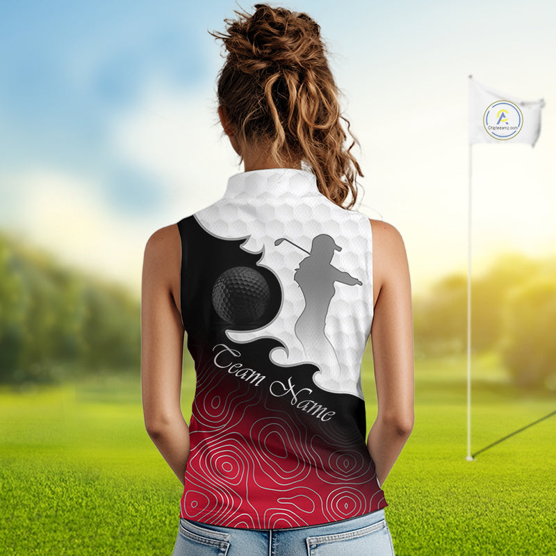 Custom Sleeveless Womens Golf Polo Shirt Red Black Gradient, Personalized Name Golf Shirt, Gift For Golfer NHT827