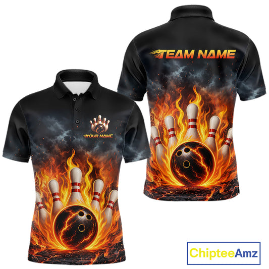 Front and back views of a black short-sleeve polo shirt featuring a fiery bowling design with bowling balls and pins surrounded by flames, plus customizable text areas on the chest and back.