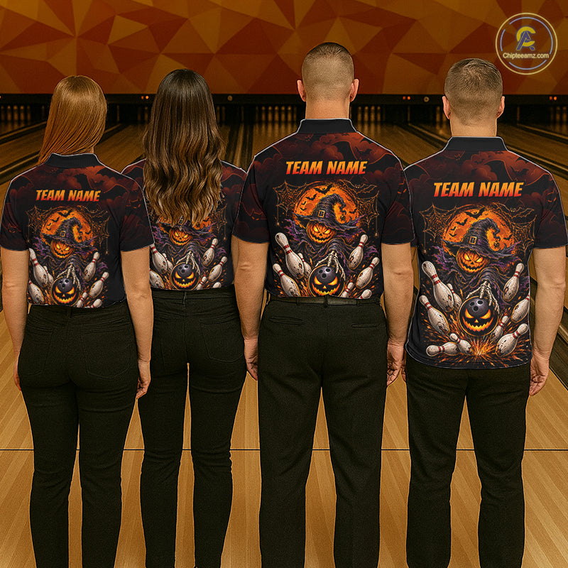 Men Custom Halloween Bowling Shirt, Personalized Team Name Pumpkin Bowling Polo, Halloween Gift NHT1605