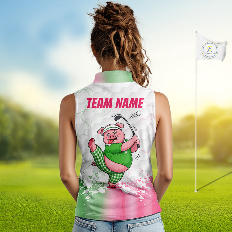 Personalized Women Sleeveless Funny Pig Pink Golf Shirt, Custom Golf Team Polo, Pig Golfer Shirt NHT1613