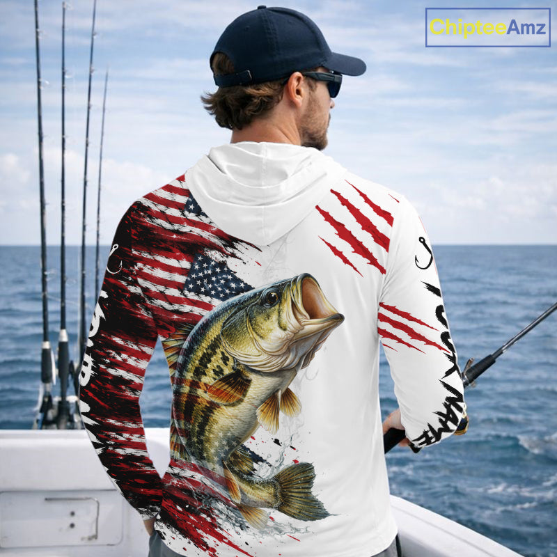 Largemouth Bass Fishing Jersey Design American Flag Long Sleeve Hooded Fishing Shirt For Men NHT1459