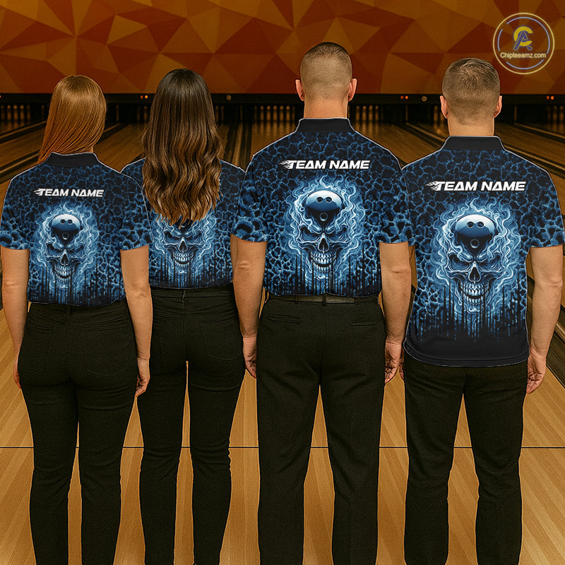 Personalized Blue Fire Skull Bowling Polo Shirt & Quarter Zip With Custom Team Name For Men NHT1625