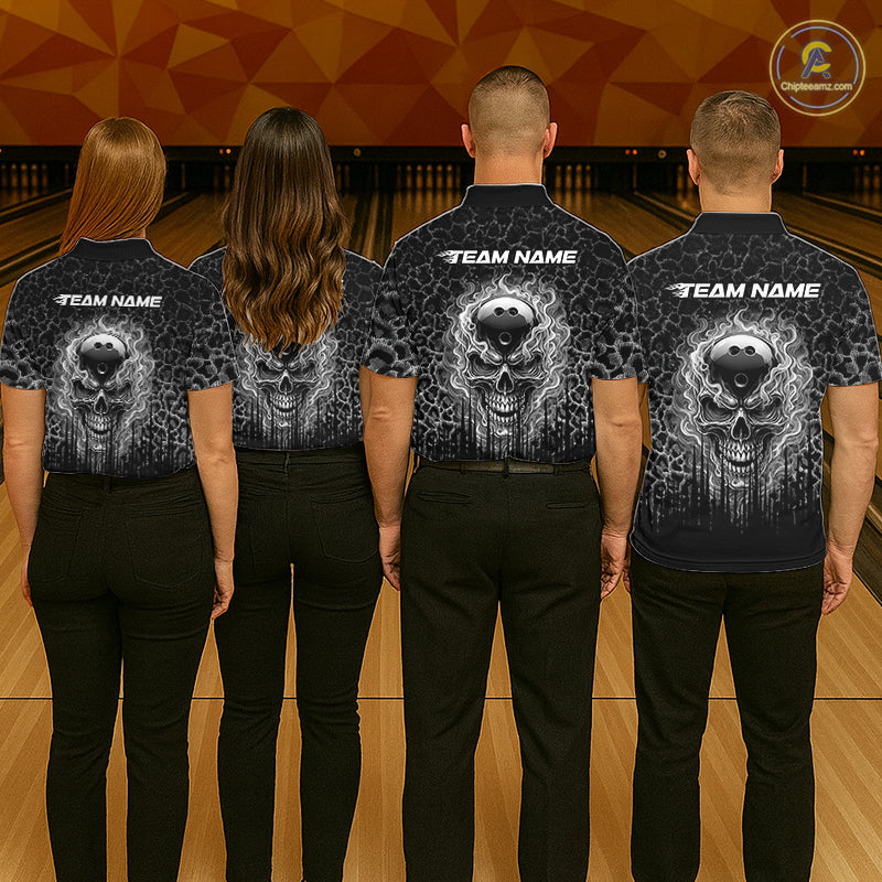 Personalized Black Fire Skull Bowling Polo Shirt & Quarter Zip With Custom Team Name For Men NHT1626