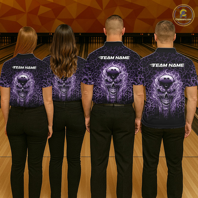 Personalized Purple Fire Skull Bowling Polo Shirt & Quarter Zip With Custom Team Name For Men NHT1627