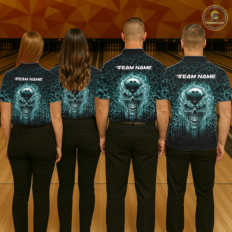 Personalized Green Fire Skull Bowling Polo Shirt & Quarter Zip With Custom Team Name For Men NHT1628