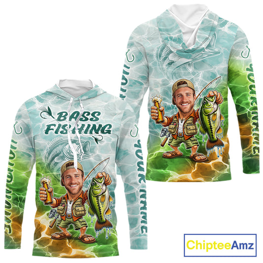 Custom Photo Funny Bass Fishing Shirts Long Sleeve Hooded For Men, Fishing Team Jersey NHT642