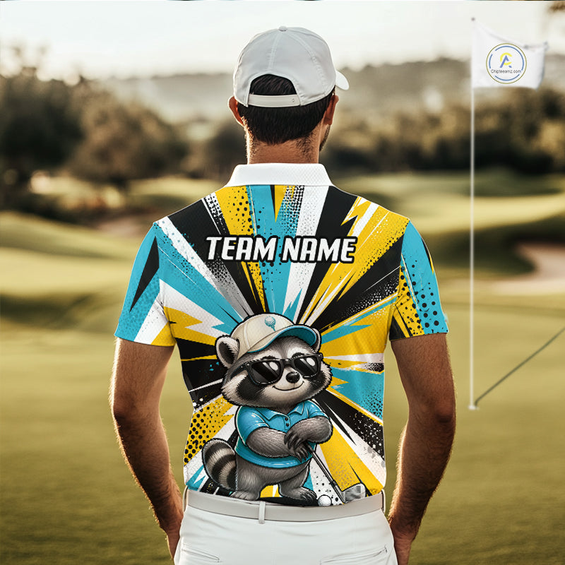 A man viewed from behind on a golf course, wearing a custom short-sleeve polo shirt with a colorful graphic design featuring a raccoon and the text 'TEAM NAME'.