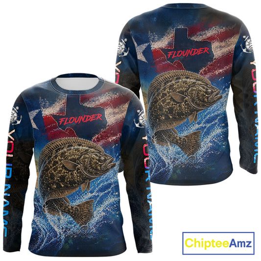 Texas Flag Flounder Long Sleeve Fishing Jersey, Flounder Saltwater Performance UV Shirt For Men