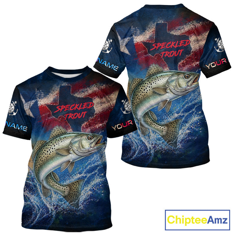 Texas Flag Speckled Trout Short Sleeve Fishing T-Shirts Fishing Jersey, Trout Saltwater Performance UV Shirt For Men