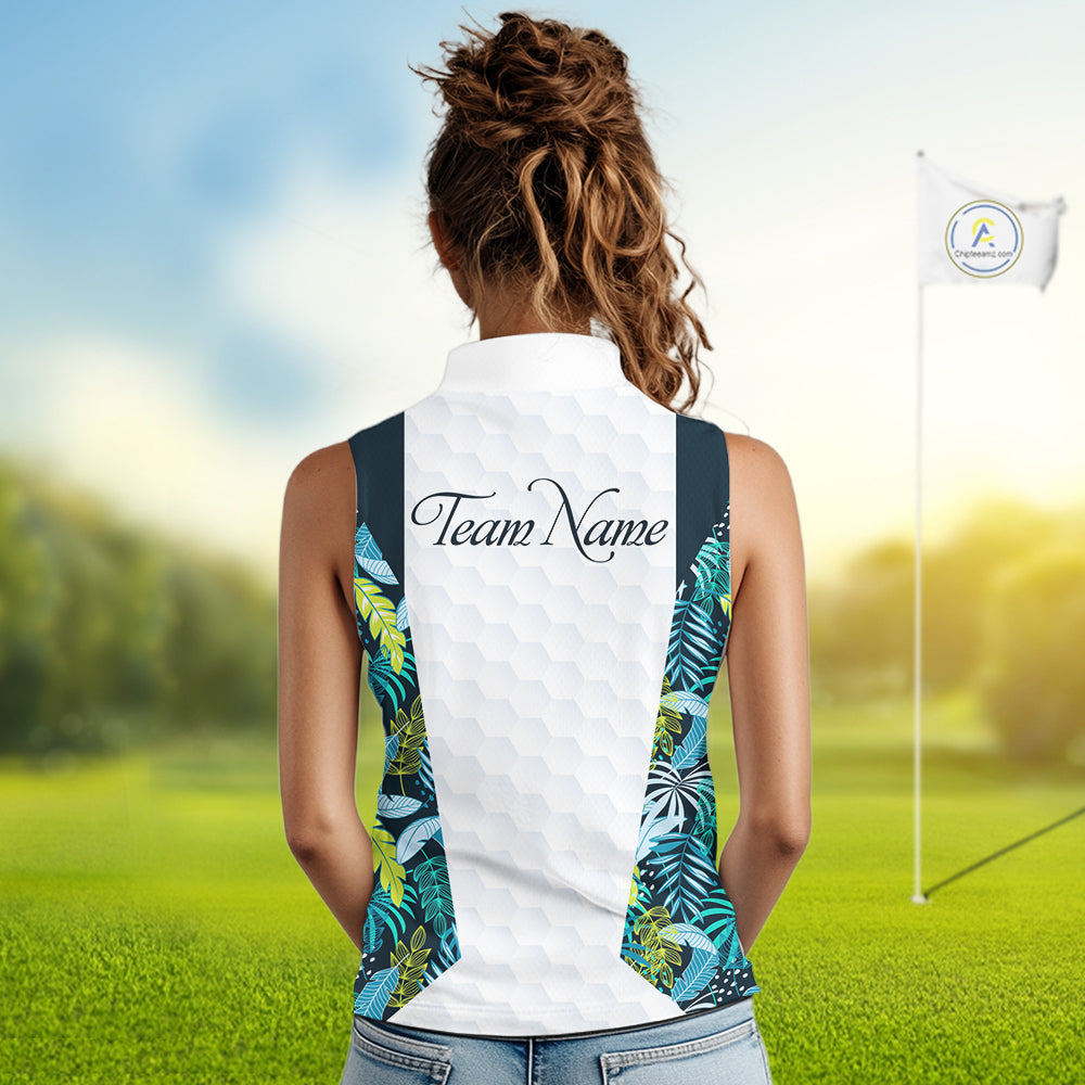 Personalized Green Tropical Plants Pattern Womens Sleeveless Golf Polo Shirts Custom Golf Tops NHT689