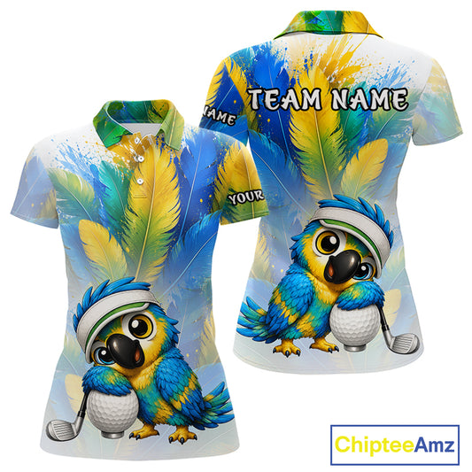 Womens golf polo shirt with parrot hugging golf ball design, custom name and team, golf lover gift.