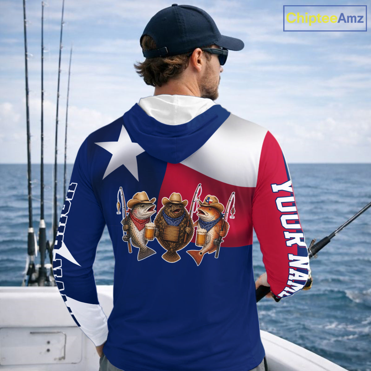 Funny Cowboy Trout, Flounder, Redfish Texas Flag Long Sleeve Hooded Fishing Shirts Apparel