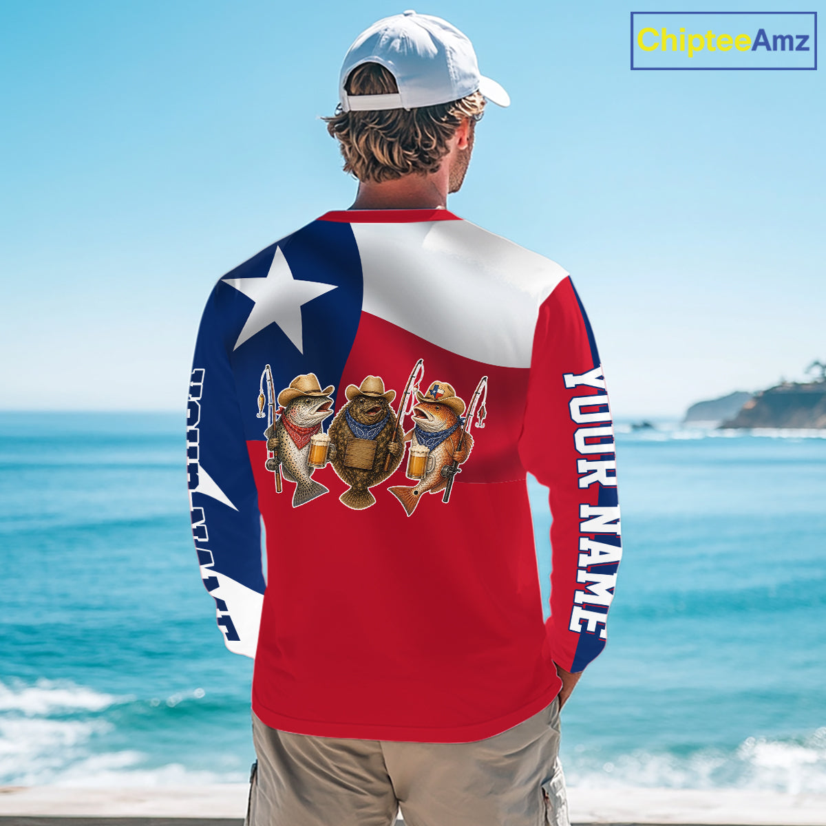 Funny Cowboy Trout, Flounder, Redfish Texas Flag Long Sleeve Fishing Shirts Apparel|Red