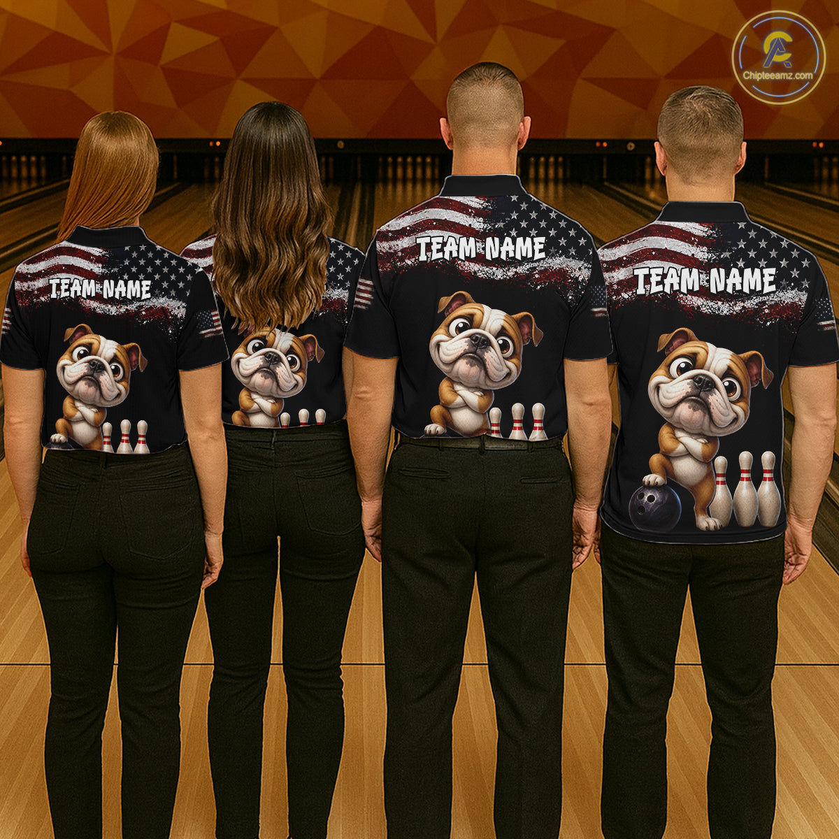 Personalized American Flag Bulldog Men Bowling Polo Shirt, Custom Patriotic Bowling Jersey NHT1507