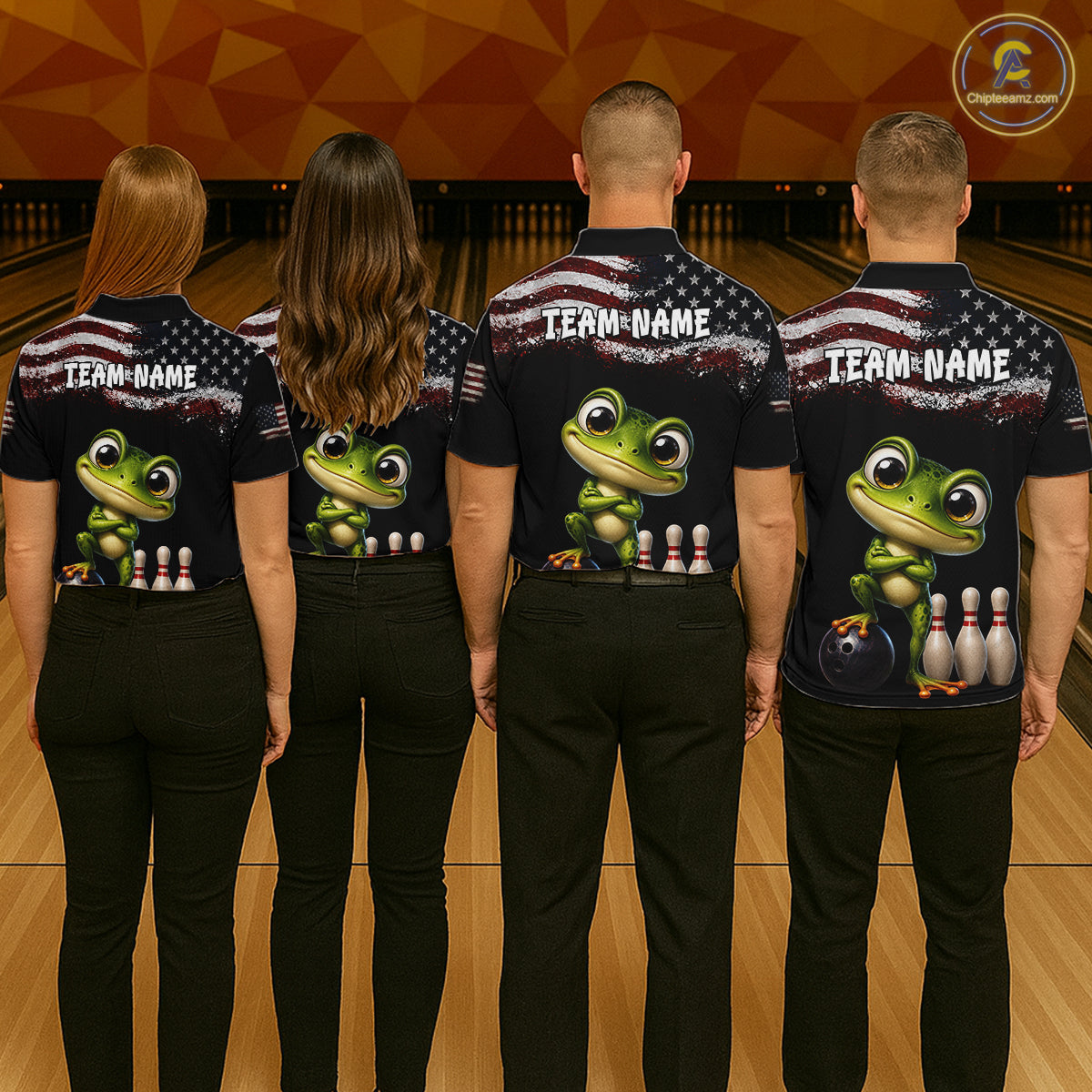 Personalized American Flag Frog Women Bowling Polo Shirt, Custom Patriotic Bowling Jersey NHT1508