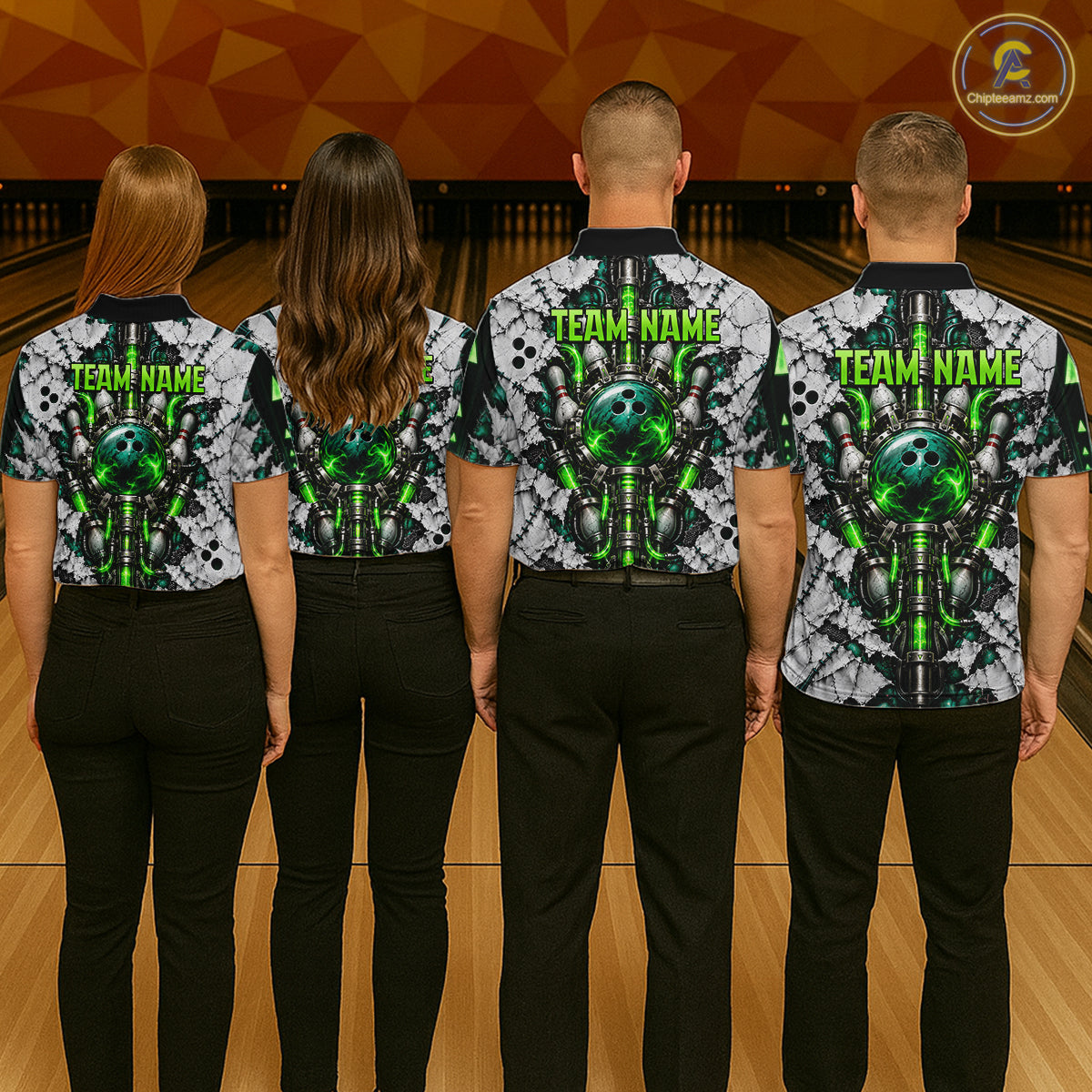 Green Biomechanical Bowling Ball Pins Polo Shirt For Men Custom Sci-Fi Team Tournament Jersey NHT1674