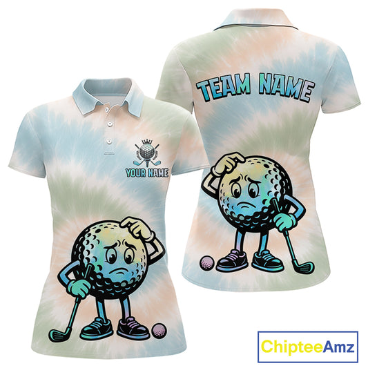 Funny Tie Dye Womens Golf Team Polo Shirt – Cartoon Golf Ball Golfer Shirt, Personalized Golf Family Team Shirt NHT741
