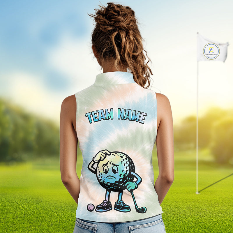 Funny Tie Dye Sleeveless Womens Golf Team Polo Shirt – Cartoon Golf Ball Golfer Shirt, Personalized Golf Family Team Shirt NHT741