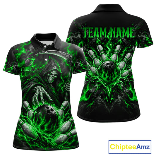 Personalized Green Grim Reaper Flaming Bowling Ball Polo Shirt, Flaming Skull Bowling Team Jersey Women NHT1529