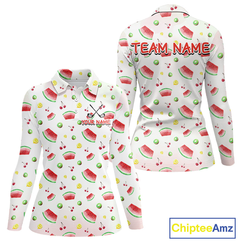 Funny Watermelon Pattern Womens Polo Shirt, Long Sleeve Golf Polo Shirt Custom Watermelon Pattern Team Golf Top NHT757