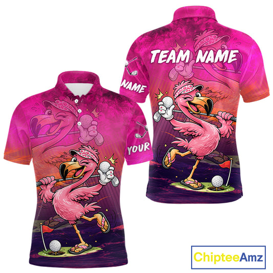 A custom printed short-sleeve polo shirt shown from both front and back views. The shirt features a vibrant pink flamingo golf graphic with a dark purple gradient background, customizable text placeholders 'TEAM NAME' and 'YOUR', and a 'ChipteeAmz' logo in the bottom right corner.