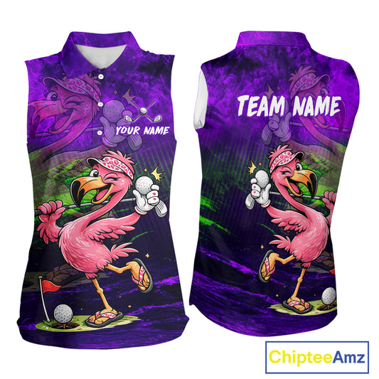 Front and back views of a sleeveless collared polo shirt with an all-over graphic print. The design features a pink flamingo holding a golf ball on a purple and green background with the text 'TEAM NAME' on the back and 'YOUR NAME' on the front.