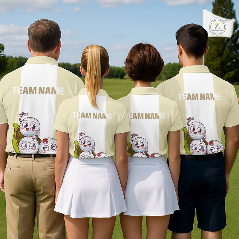 Custom Beige White Womens Golf Team Polo Shirt, Funny Golf Ball Family Design, Matching Team Outfit NHT792