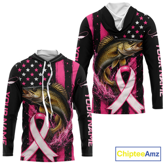 A long-sleeve hoodie shown from the front and back on a white background. The design features a walleye fish, a pink and white awareness ribbon, pink and white stars on a black background, and vertical text reading 'YOUR NAME' on the sleeves.