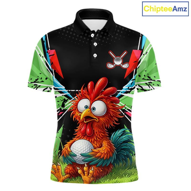 Personalized Crazy Rooster Golf Polo Shirt Green Abstract Geometric Golf Apparel for Men, Short sleeve Polo Shirt / M