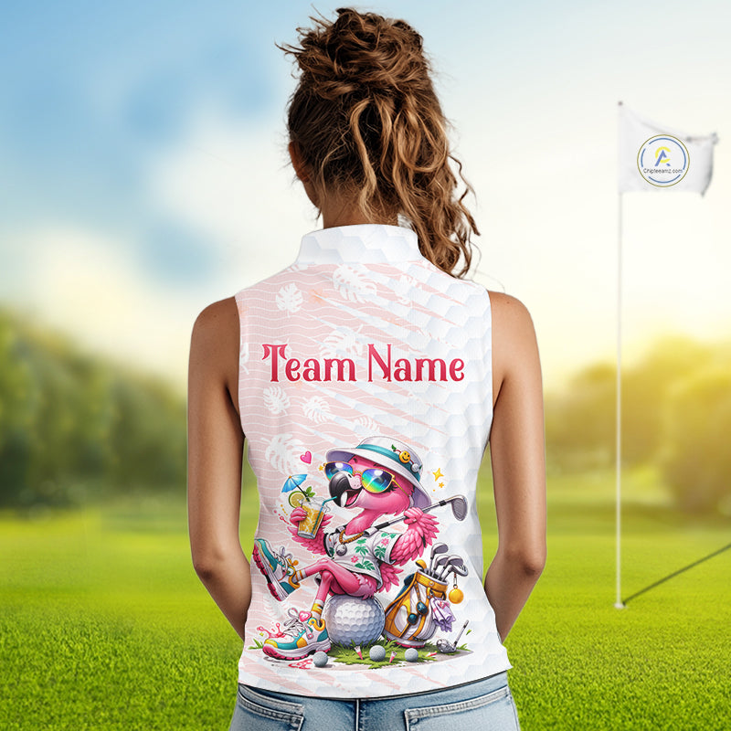 Funny Flamingo Womens Sleeveless Golf Shirt With Pattern Pink Tropical – Personalized Name & Team Custom Polo NHT597