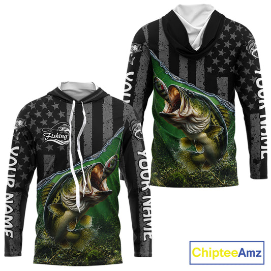 Gray Green Bass Custom Long Sleeve Hooded Fishing Shirts, Bass Fishing Jerseys