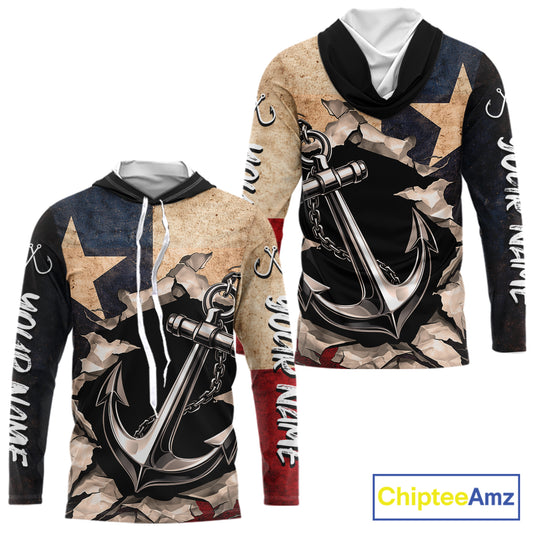 Patriotic Anchor Fishing Shirts Long Sleeve Hooded – Texas Flag Vintage Anchor Fisherman Shirt NHT610
