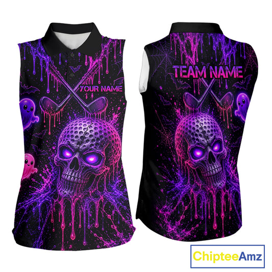 Custom Name Purple Pink Halloween Women Sleeveless Golf Polo Shirt, Spooky Neon Skull Ghost Golfing Apparel NHT1434