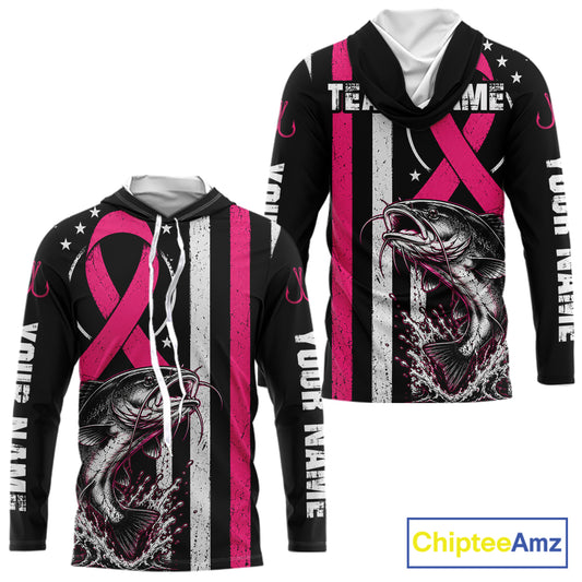Front and back views of a black long-sleeve hoodie with a pink awareness ribbon, distressed vertical white stripes, a large fish graphic, and customizable white text on the sleeves and chest, shown on a white background with a ChipteeAmz logo.
