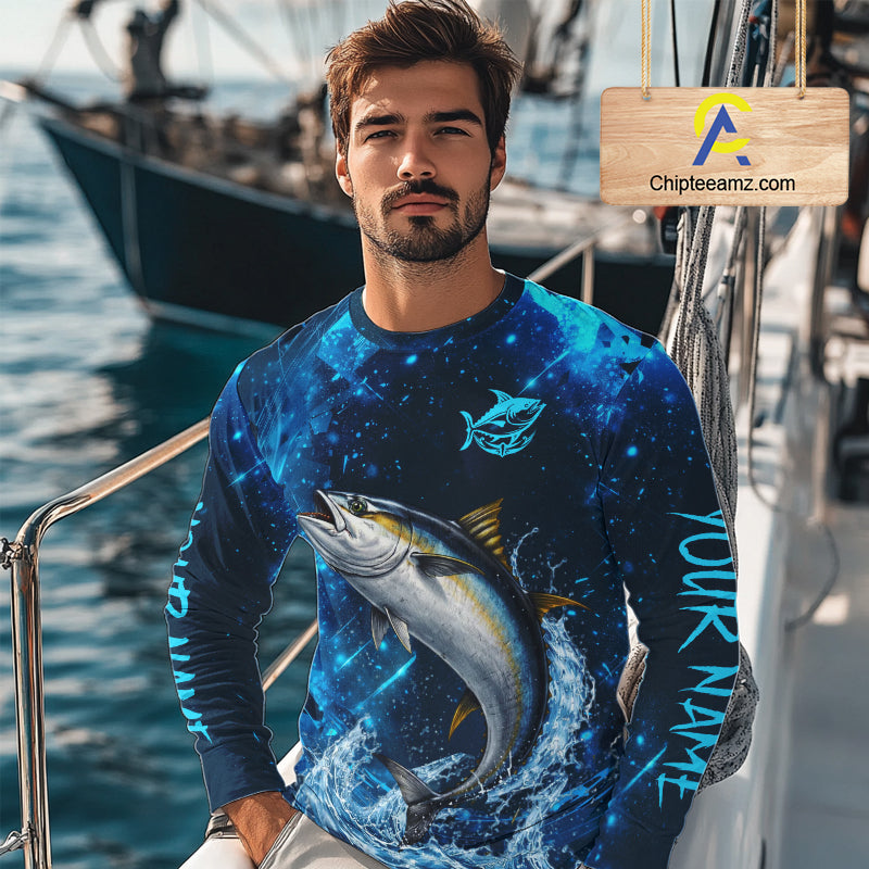 Personalized Tuna Saltwater Blue Long Sleeve Performance Fishing Shirts, Fishing Shirt Gift NHT430