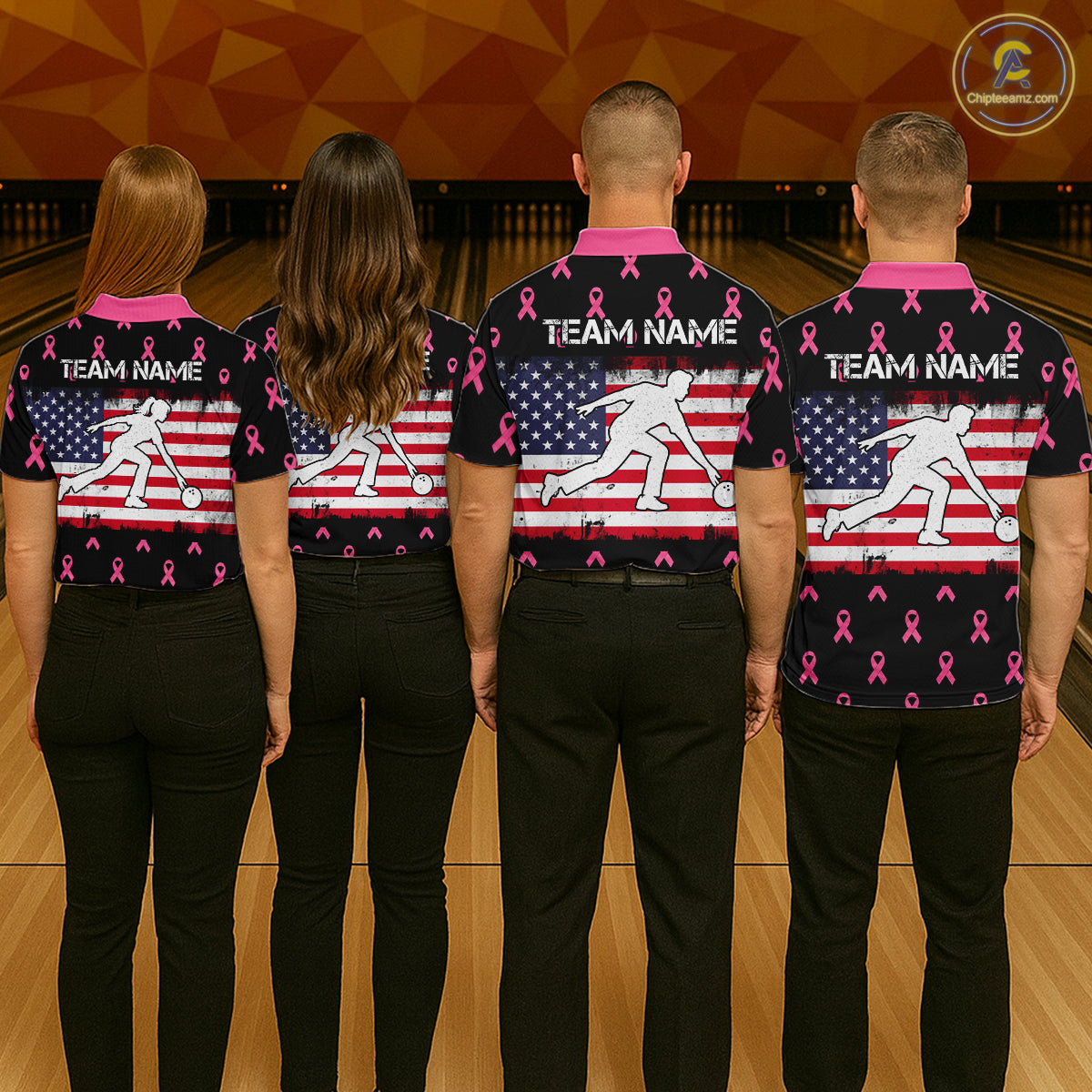 Custom Pink Ribbon Men Bowling Shirt, American Flag Breast Cancer Awareness Polo Gift For Bowler NHT1623