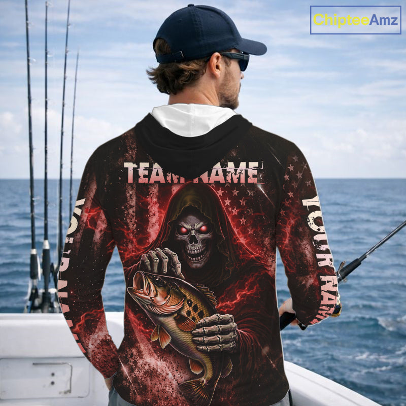 Hooded Custom Team Name Grim Reaper Bass Fishing With American Flag - Patriotic Bass Fishing Jersey|Red NHT629