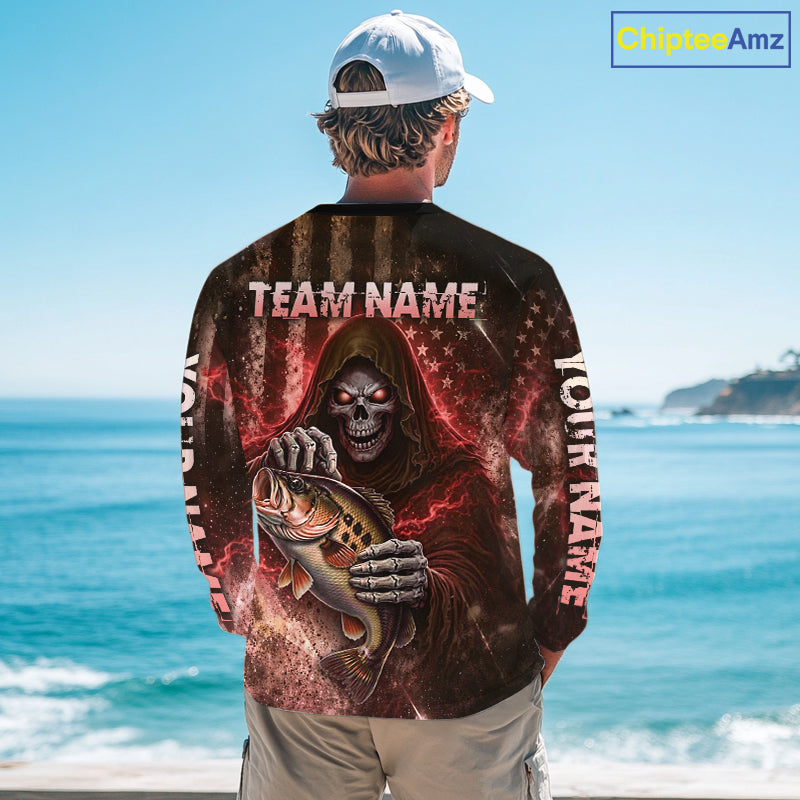 Custom Team Name Grim Reaper Bass Fishing With American Flag - Patriotic Bass Fishing Jersey|Red NHT629