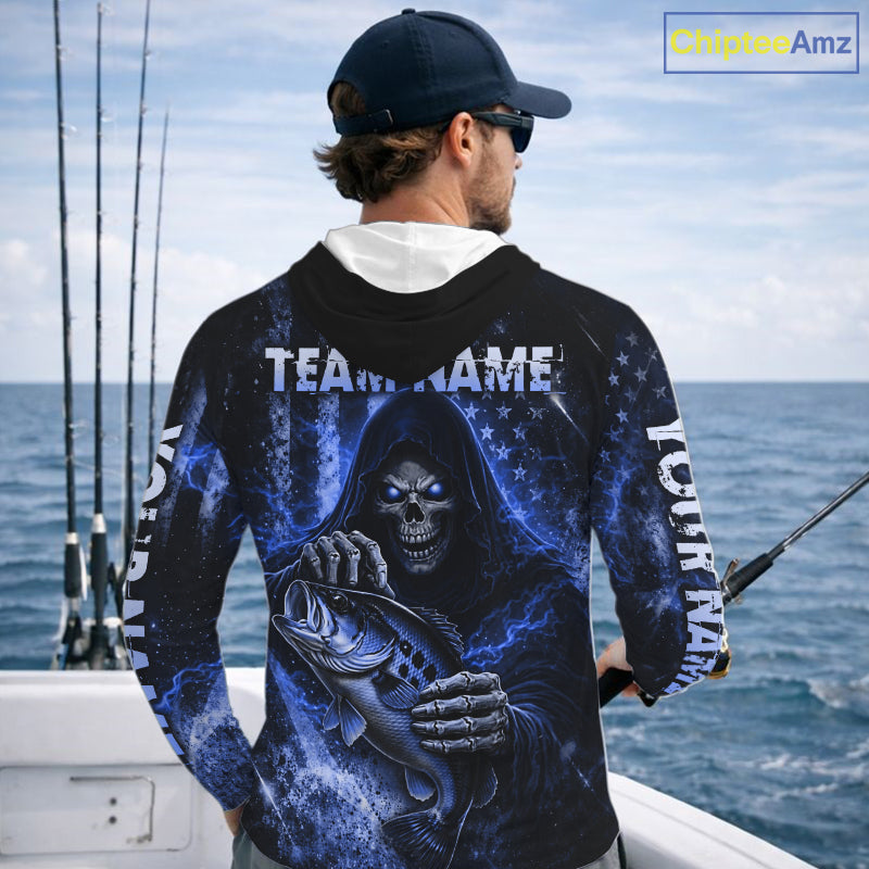 Hooded Custom Team Name Grim Reaper Bass Fishing With American Flag - Patriotic Bass Fishing Jersey|Yellow NHT630