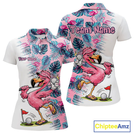 Funny Pink Flamingo Tropical With Pattern Flamingo Golf Polo Shirt Custom Golf Shirts For Womens NHT649