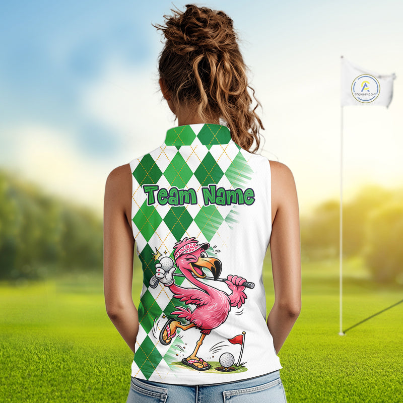 Funny Pink Flamingo Argyle Green Pattern Sleeveless Womens Golf Polo Shirt Custom Golf Shirts For Womens NHT651