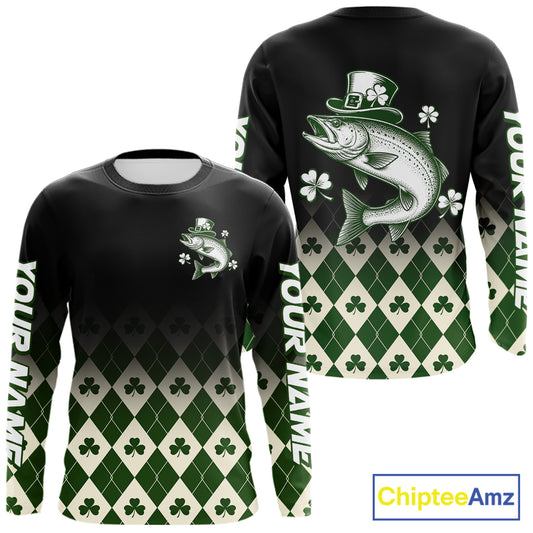 St. Patrick’S Day Chinook Salmon Fishing Shirt, Shamrock Argyle Long Sleeve Shirt For Anglers NHT1485